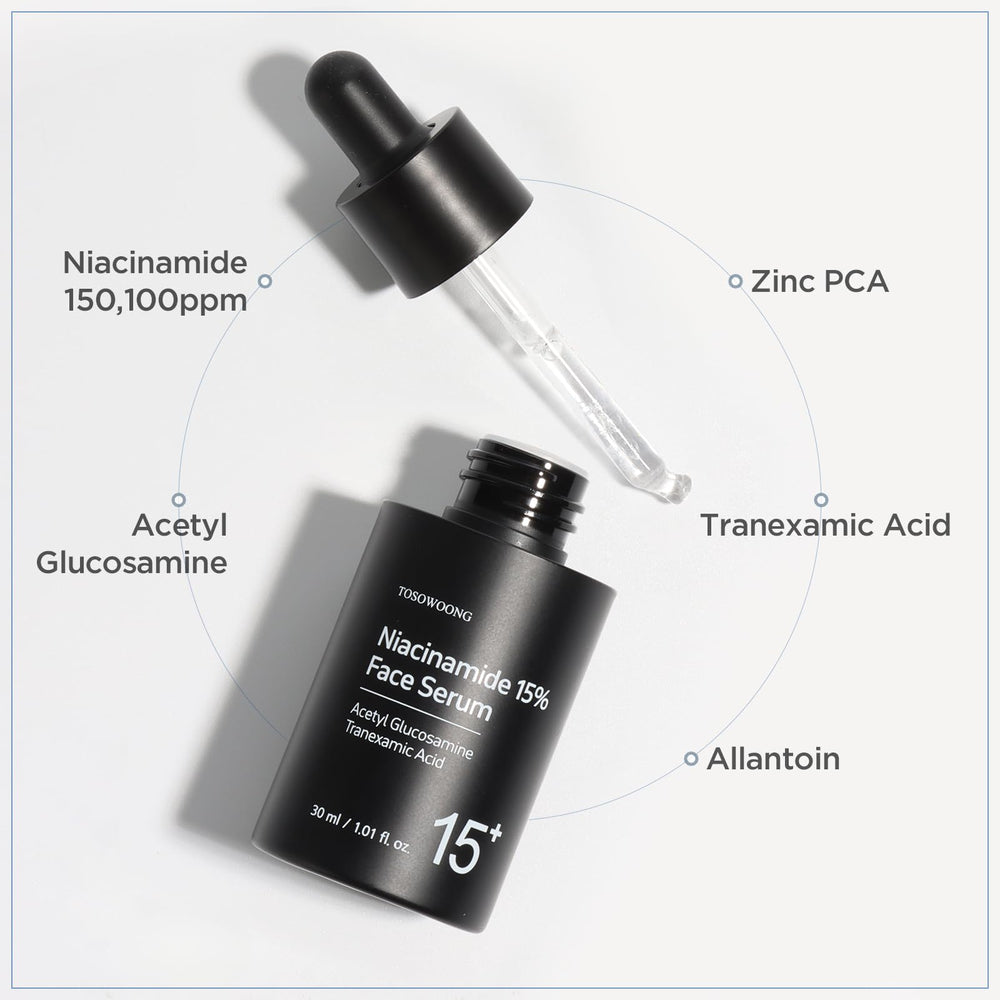 TOSOWOONG Niacinamide 15% serum, poros reducidos y textura más suave.