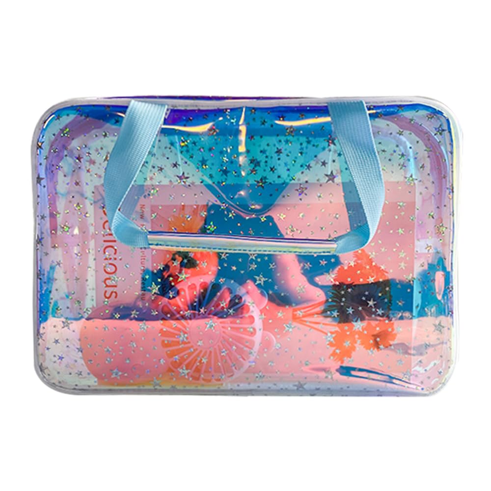 Bolsa TotePrint transparente con estrella azul holográfica, ideal para ver maquillaje al instante.
