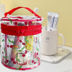 TotePrint bolso cosmético cilíndrico transparente, abierto, acceso rápido a artículos