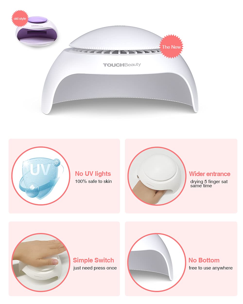 TOUCHBeauty lámpara LED para uñas, diseño compacto y seguro para uso doméstico.
