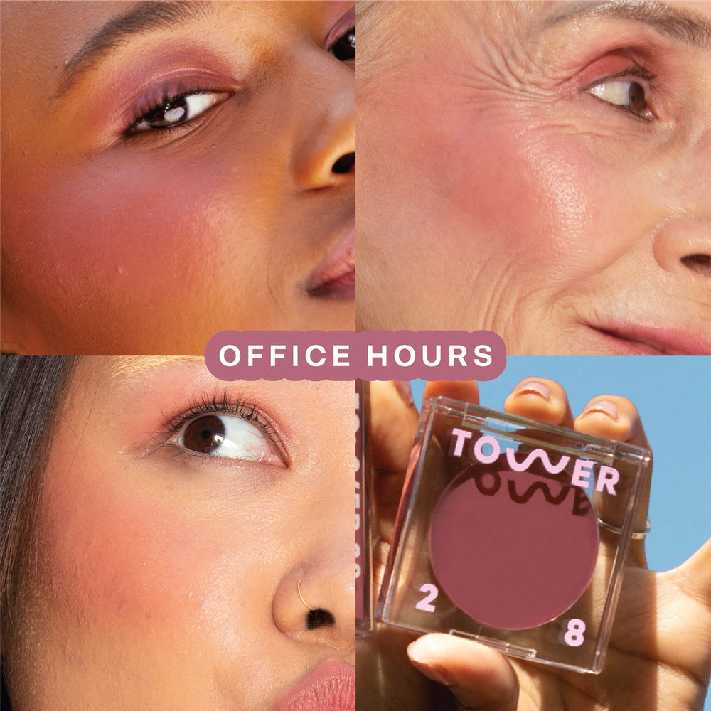 Tower 28 BeachPlease muestra tono Hora de Oficina para labios y mejillas.