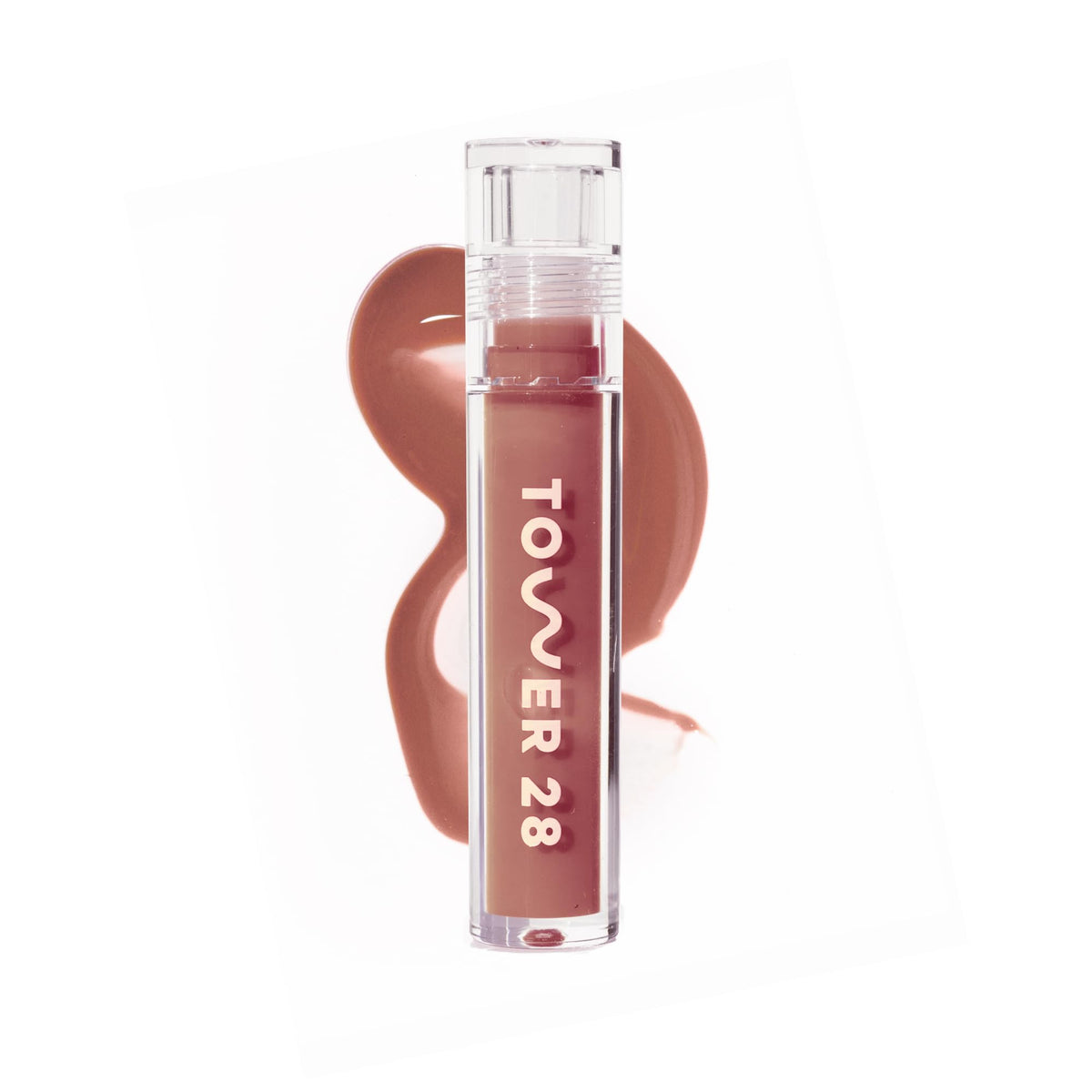 Tower 28 ShineOn Labial Milky Rosado en tubo, color suave para uso diario.