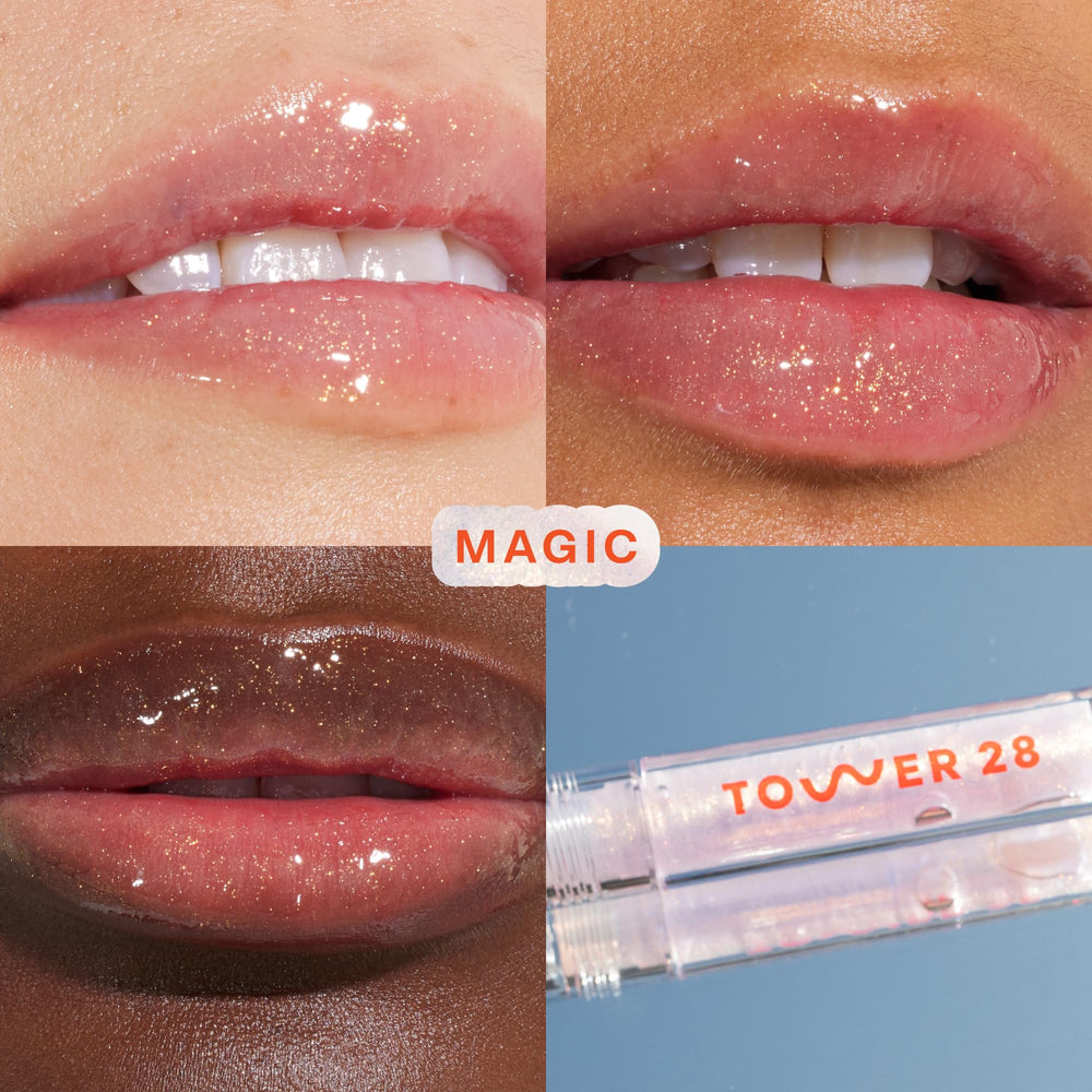 Tower 28 ShineOn Lip Jelly envase dorado destaca brillo translúcido.