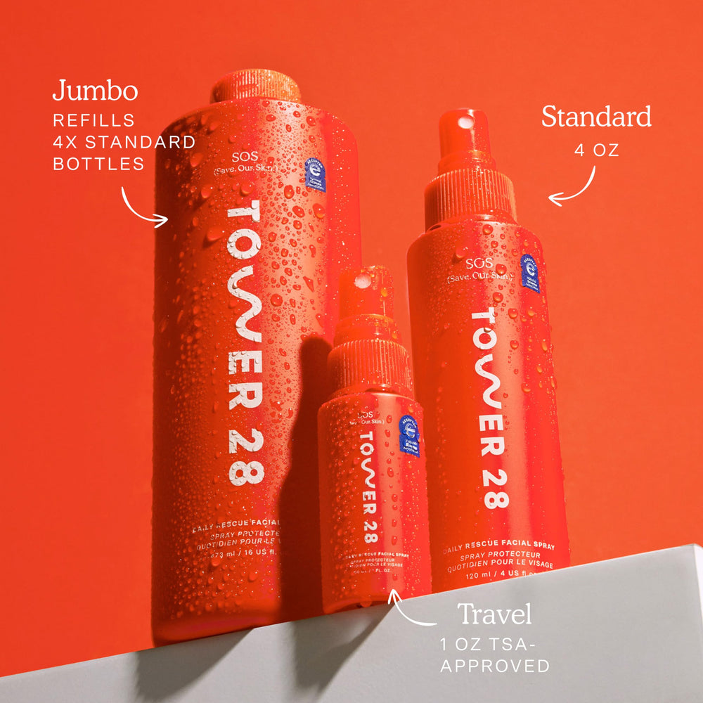 Tower 28 SOS Daily Rescue flacon pompe 4oz, pratique et portable.