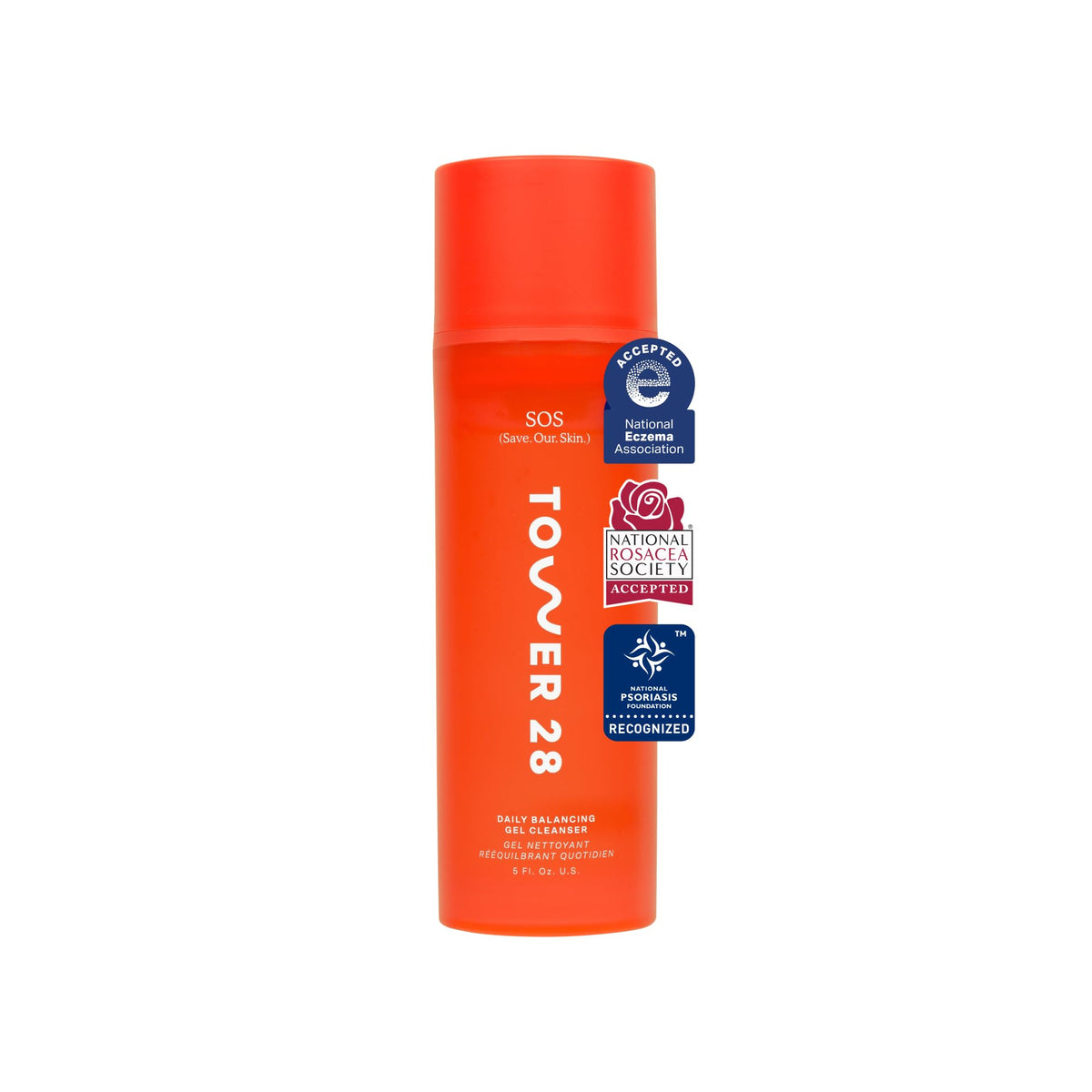 Tower 28 SOS Gel Cleanser bottle front shows fragrance-free, hydrating formula for sensitive skin.