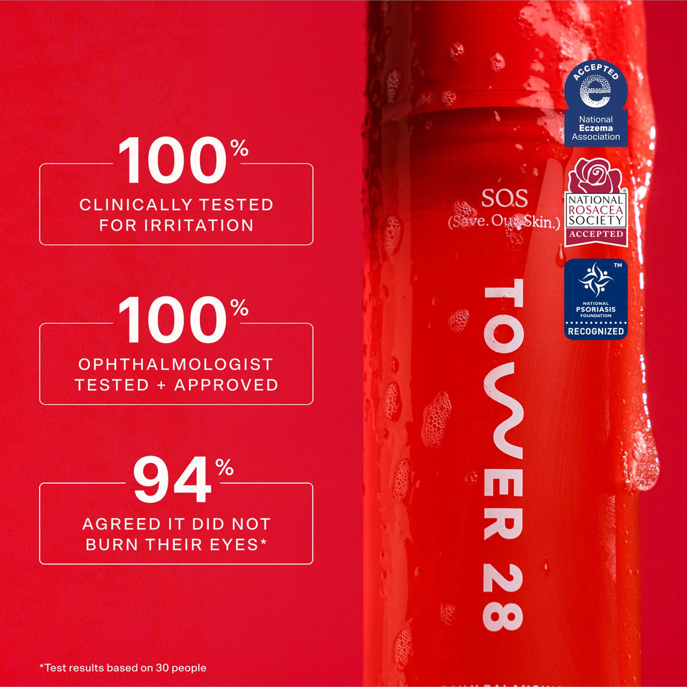 Tower 28 SOS Gel Cleanser ingredients aloe vera and oat extract support calm, balanced skin.