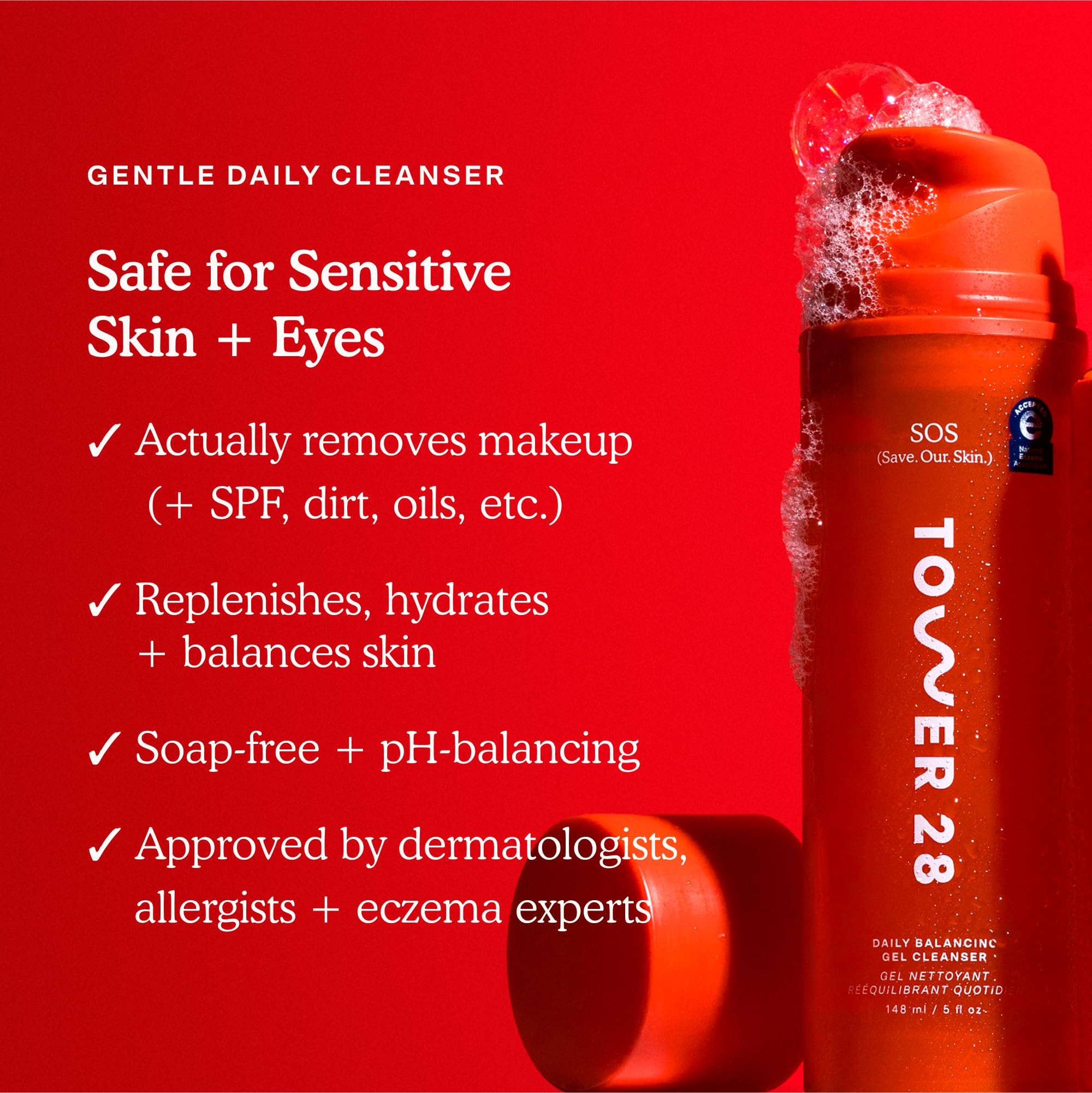 Tower 28 SOS Gel Cleanser label closeup highlights a clean, gentle formula for sensitive eyes.