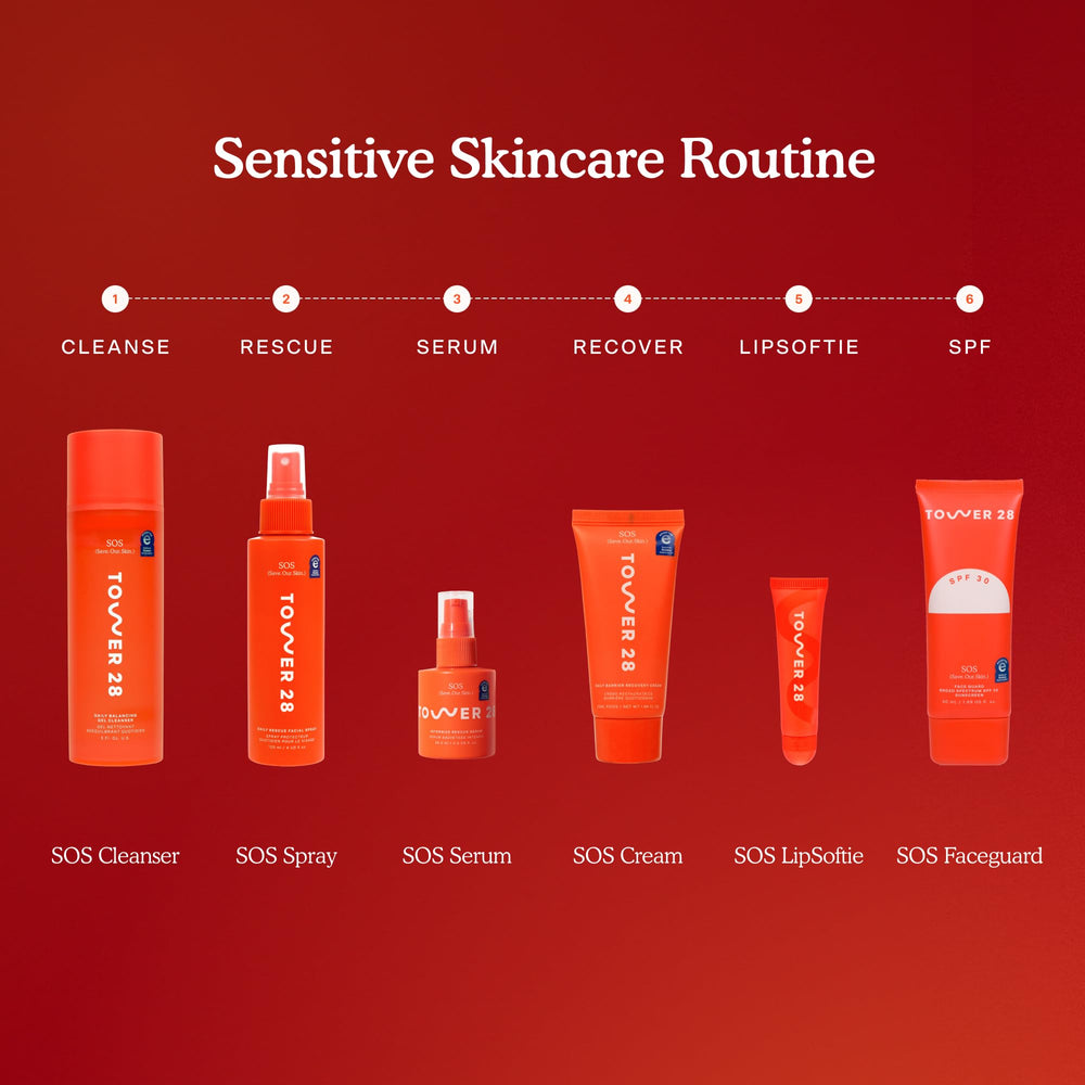 Tower 28 SOS Gel Cleanser packaging emphasizes an eco-friendly, fragrance-free skincare solution.
