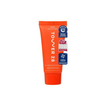 Tower 28 SOS Recovery Face Cream jar closeup shows soothing, creamy texture for sensitive skin