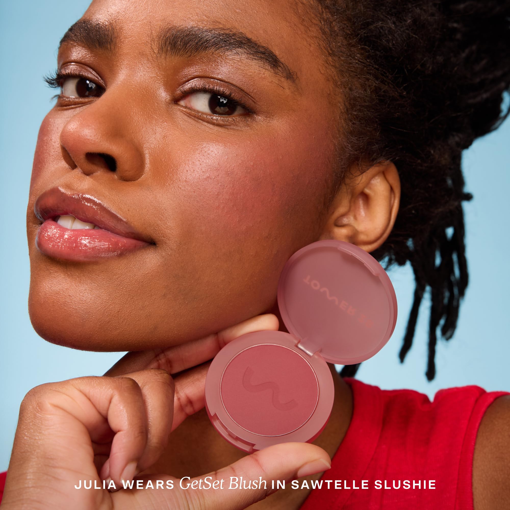 Close-up of Tower 28 GetSet Matte Powder Blush texture for a smooth finish