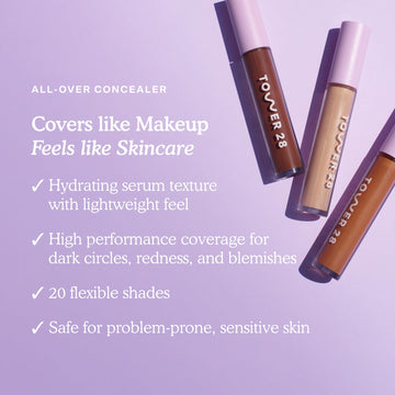 Tower 28 Swipe Serum Concealer aplicado con difuminado suave para imperfecciones.