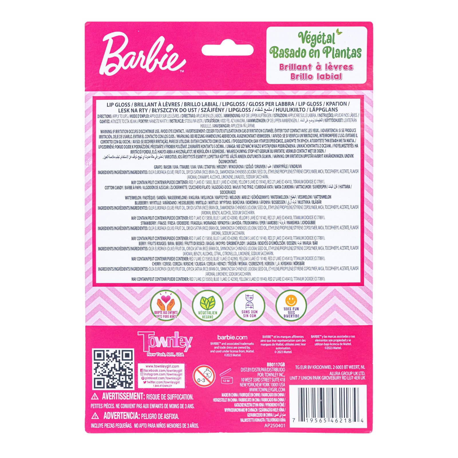 Townley Girl Barbie brillo labial basado en plantas, opción segura para juego creativo.
