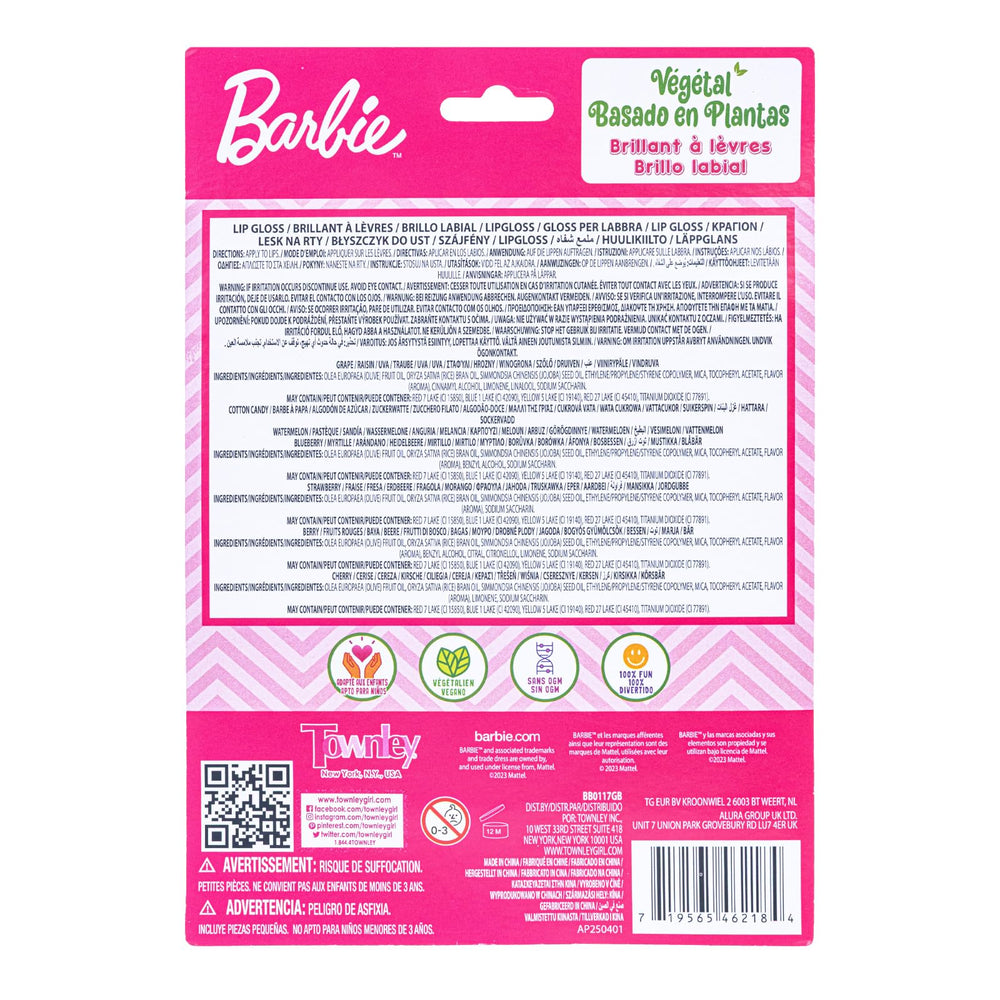 Townley Girl Barbie brillo labial basado en plantas, opción segura para juego creativo.