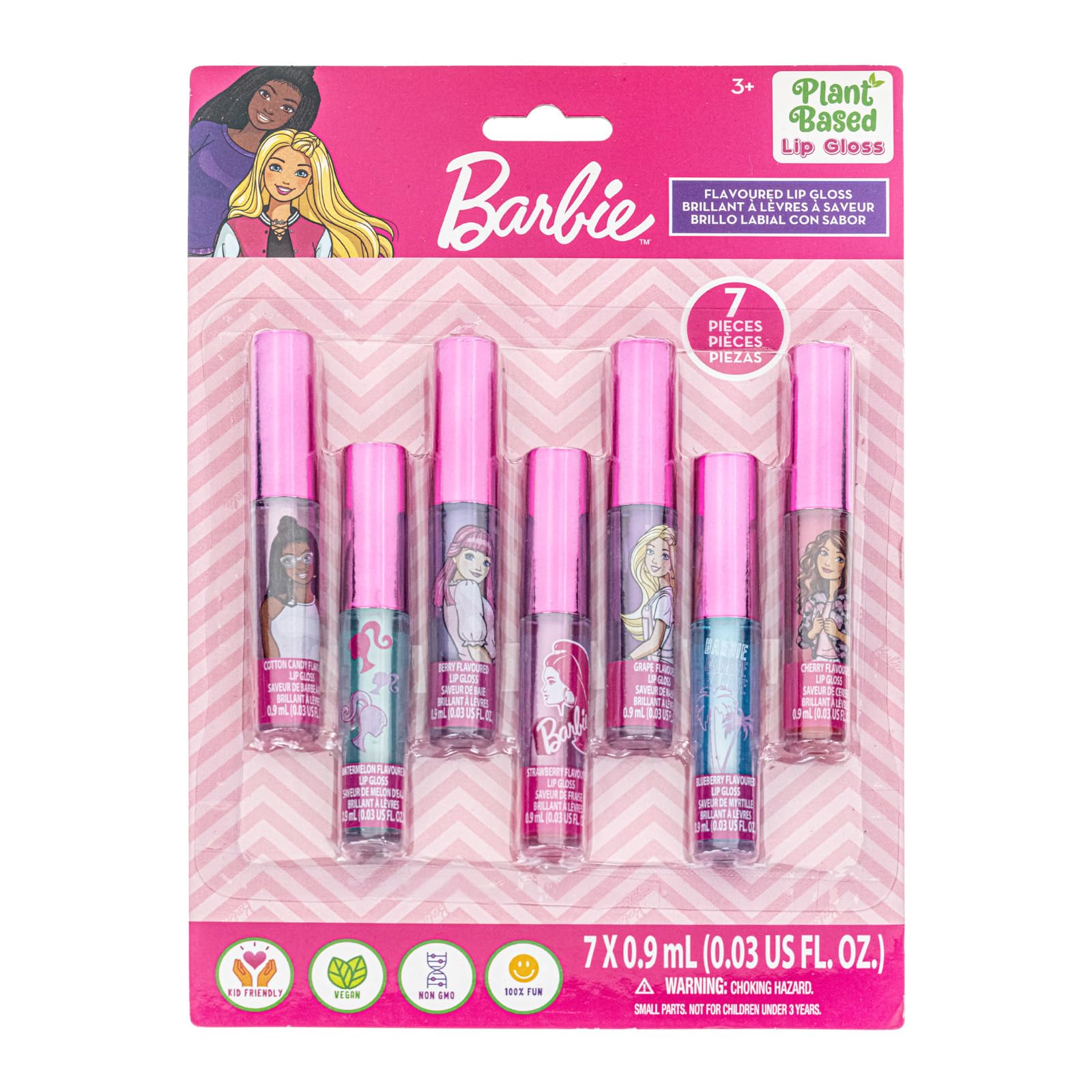 Townley Girl Barbie brillo labial set de 7 piezas, ideal para fiestas y juegos de maquillaje.