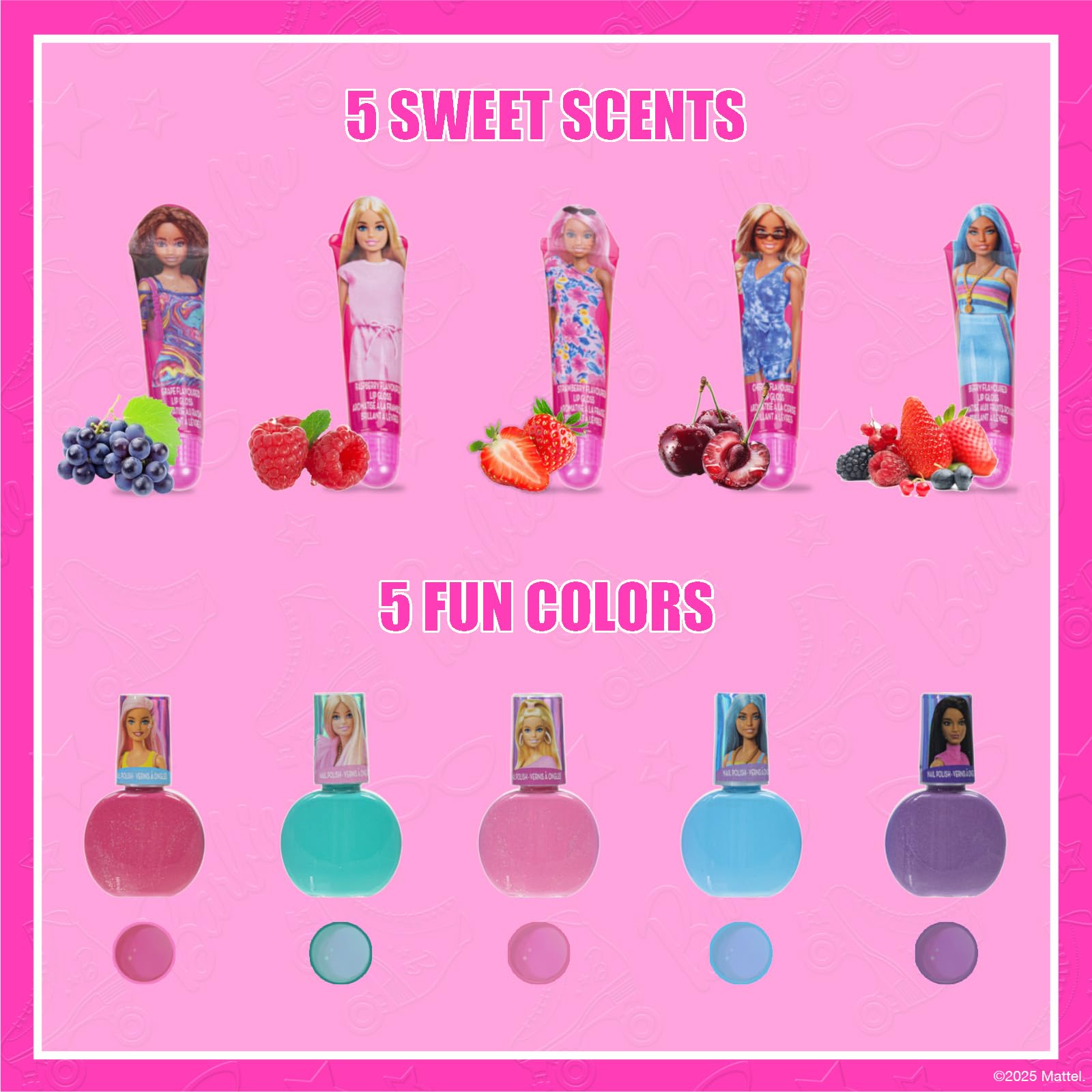 Townley Girl Barbie water-based nail polish peelable bottles in bright colors.