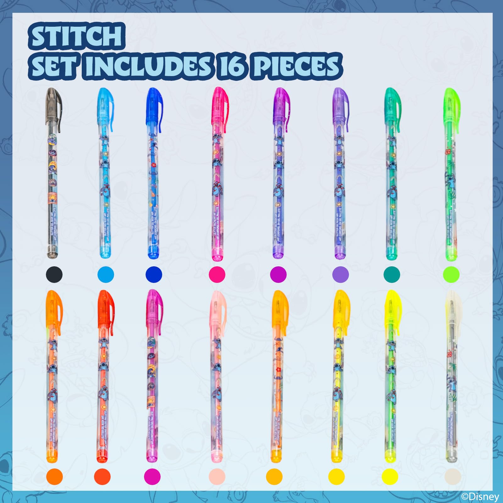 Rotuladores gel con brillo para piel de Townley Girl Disney Stitch, uso seguro y temporal.
