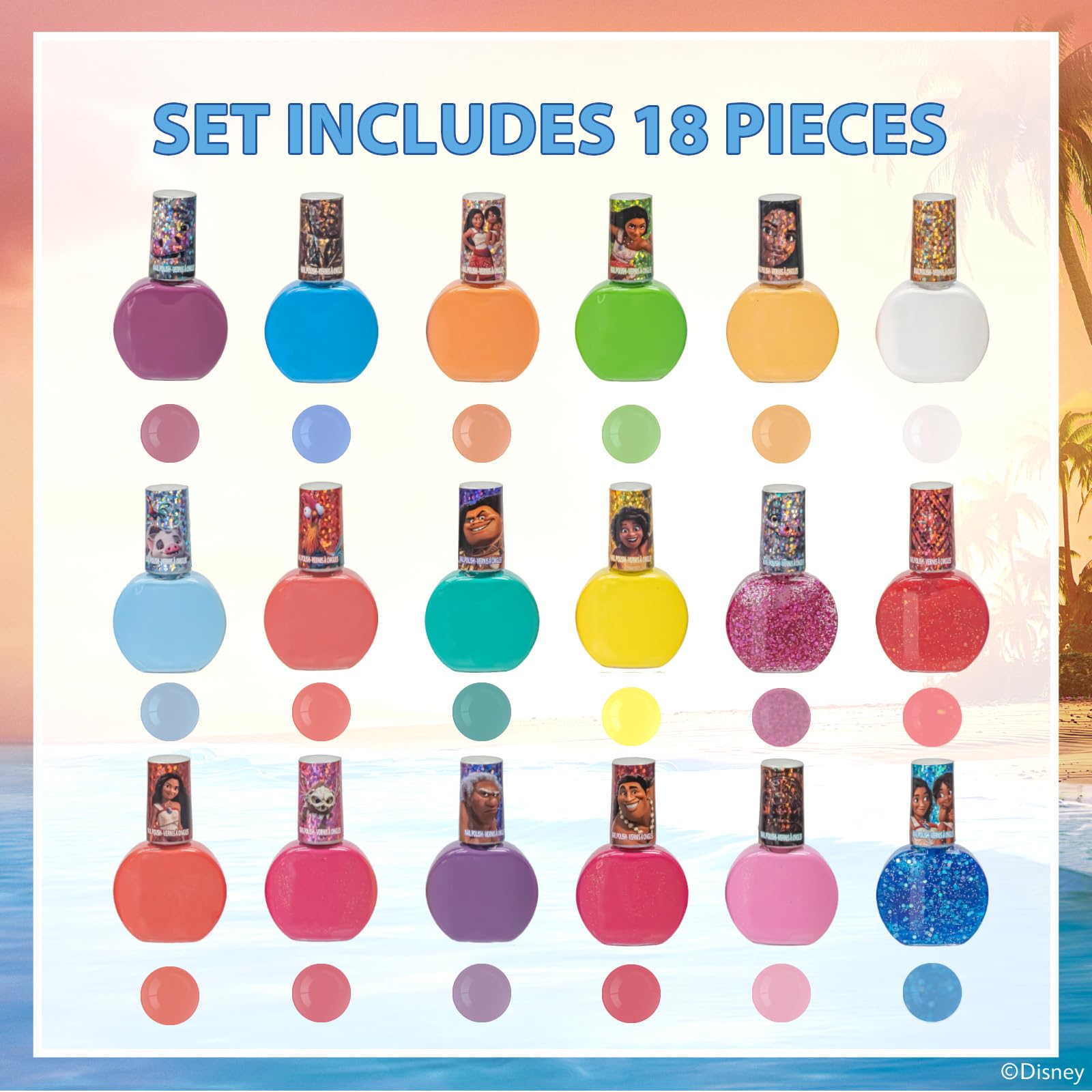 Townley Girl Moana 2: diseños de Moana, Maui y Pua en botellas coloridas.