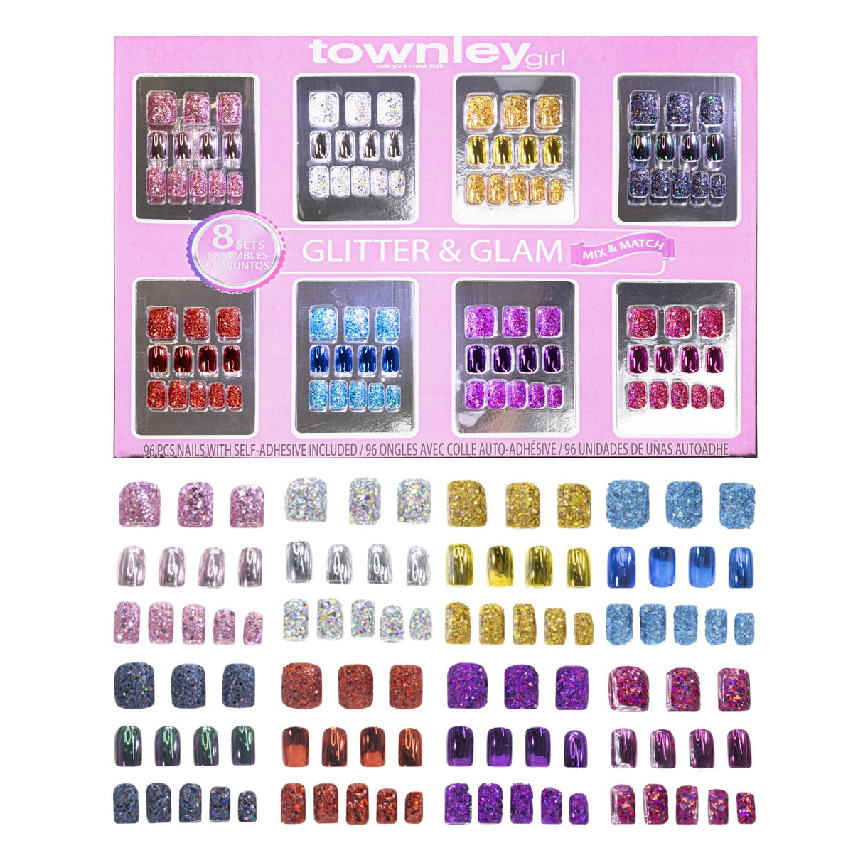 Townley Girl Glitter-Glamup uñas postizas con brillo para fiestas en casa.