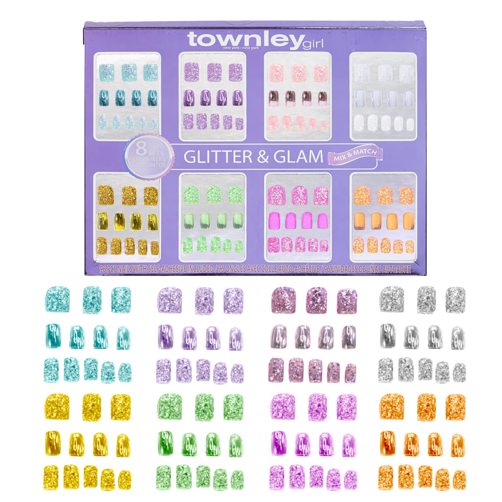 Townley Girl uñas postizas 96 piezas brillos y metalizados para un look rapido