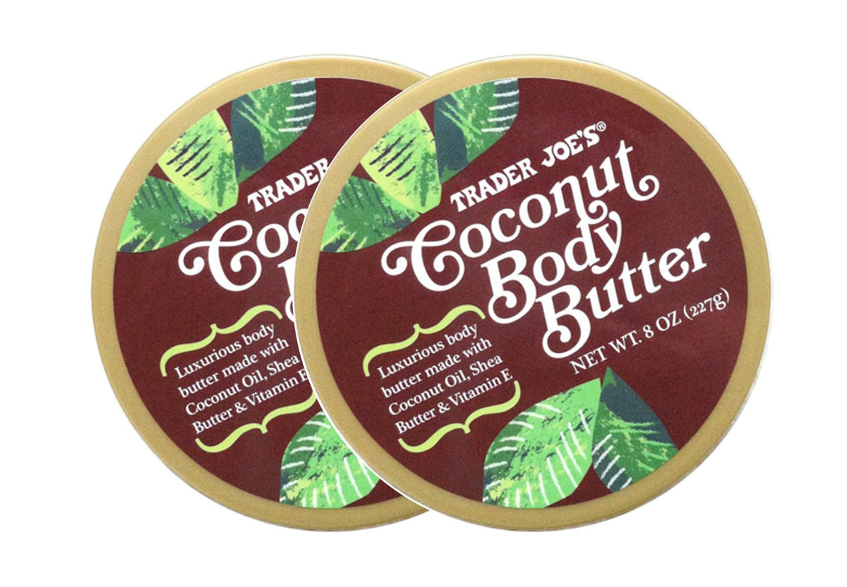 Manteca corporal de coco de Trader Joe's en bote, hidratación suave para la piel.
