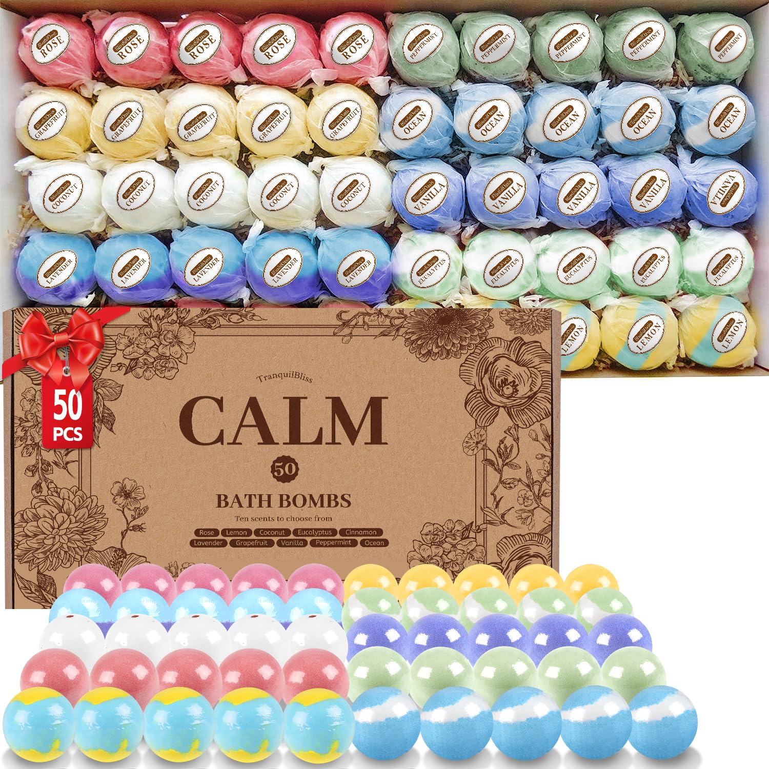 TranquilBliss bombas de baño: set de 50 piezas en caja regalo.