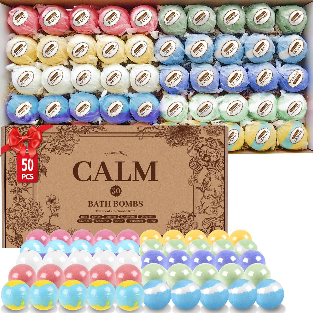 TranquilBliss bombas de baño: set de 50 piezas en caja regalo.