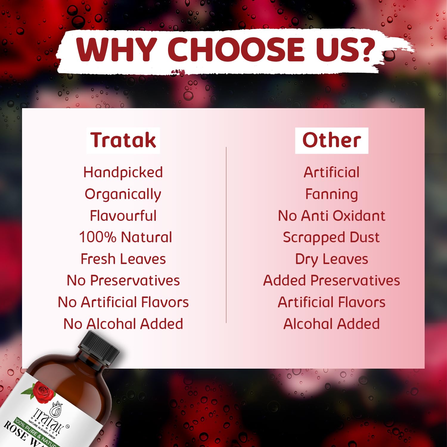 TRATAK ORGANICS agua de rosas alivio ligero de ojeras y hinchazón alrededor de los ojos.