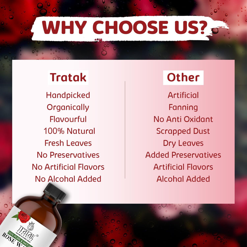 TRATAK ORGANICS agua de rosas alivio ligero de ojeras y hinchazón alrededor de los ojos.