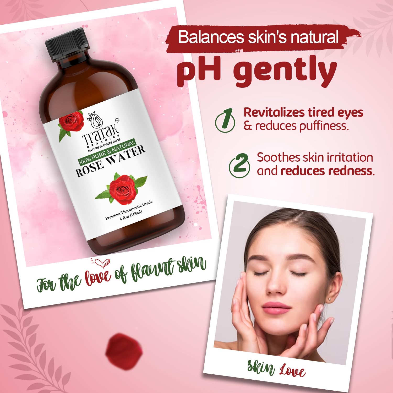 TRATAK ORGANICS agua de rosas aplicación en rostro para frescura diaria.