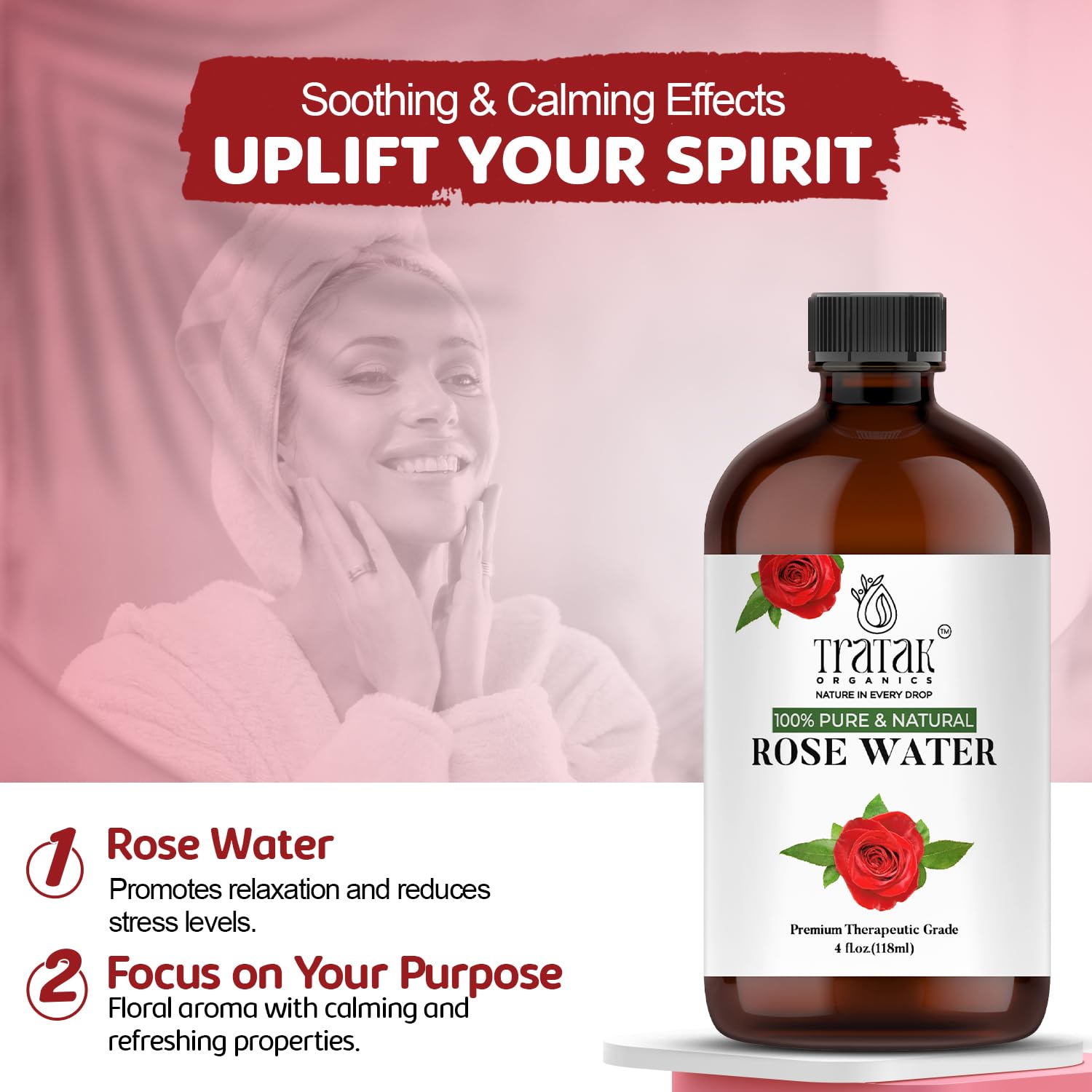 TRATAK ORGANICS agua de rosas hidratación de piel y sensación refrescante.