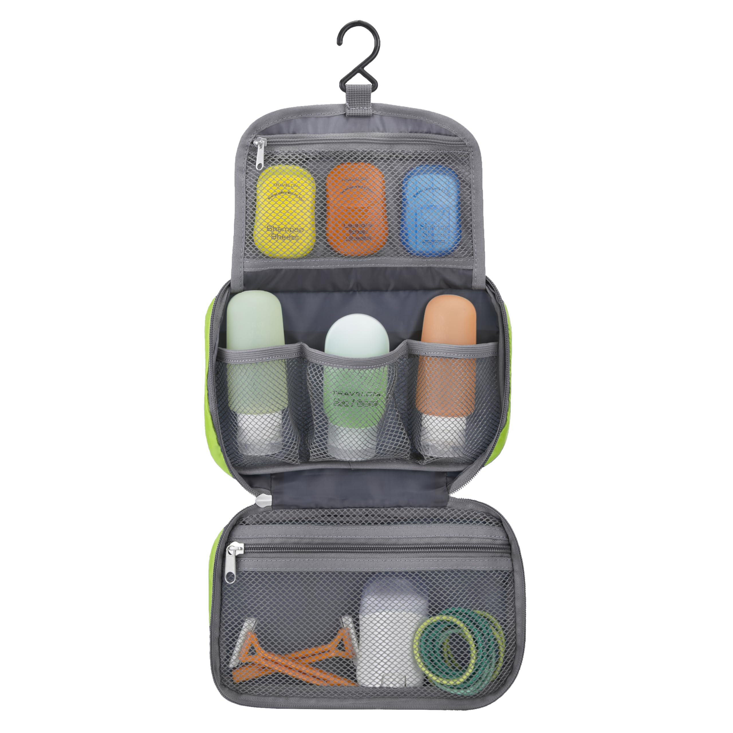 Travelon kit de baño colgante compacto con bolsillos de malla para ver todo.