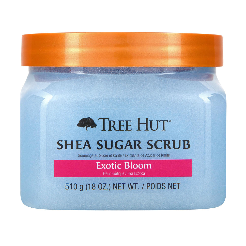 Tree Hut Exotic Bloom exfoliante corporal en envase; azúcar real para una piel suave.