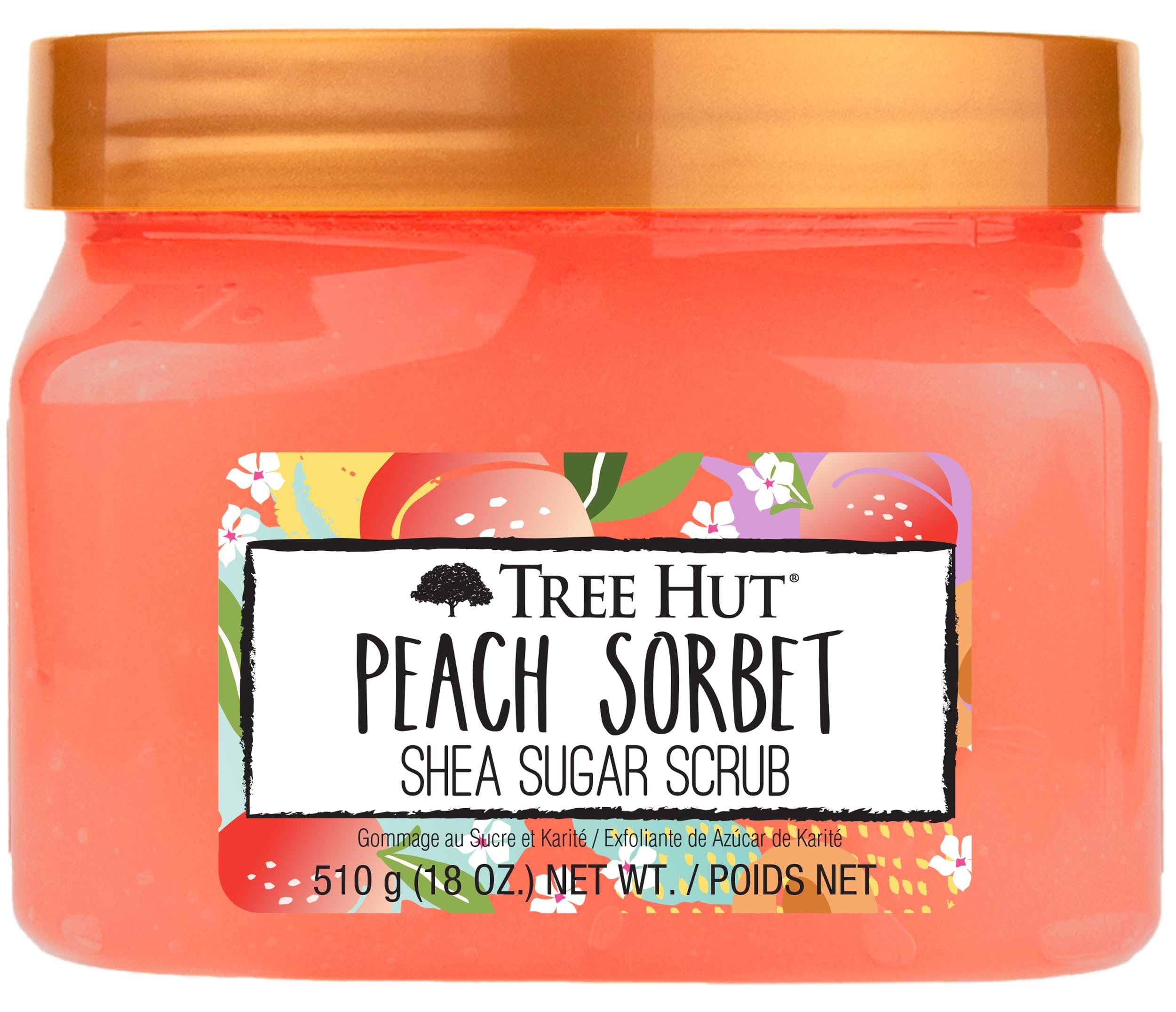 Tree Hut Peach Sorbet exfoliante: textura suave para piel sedosa.