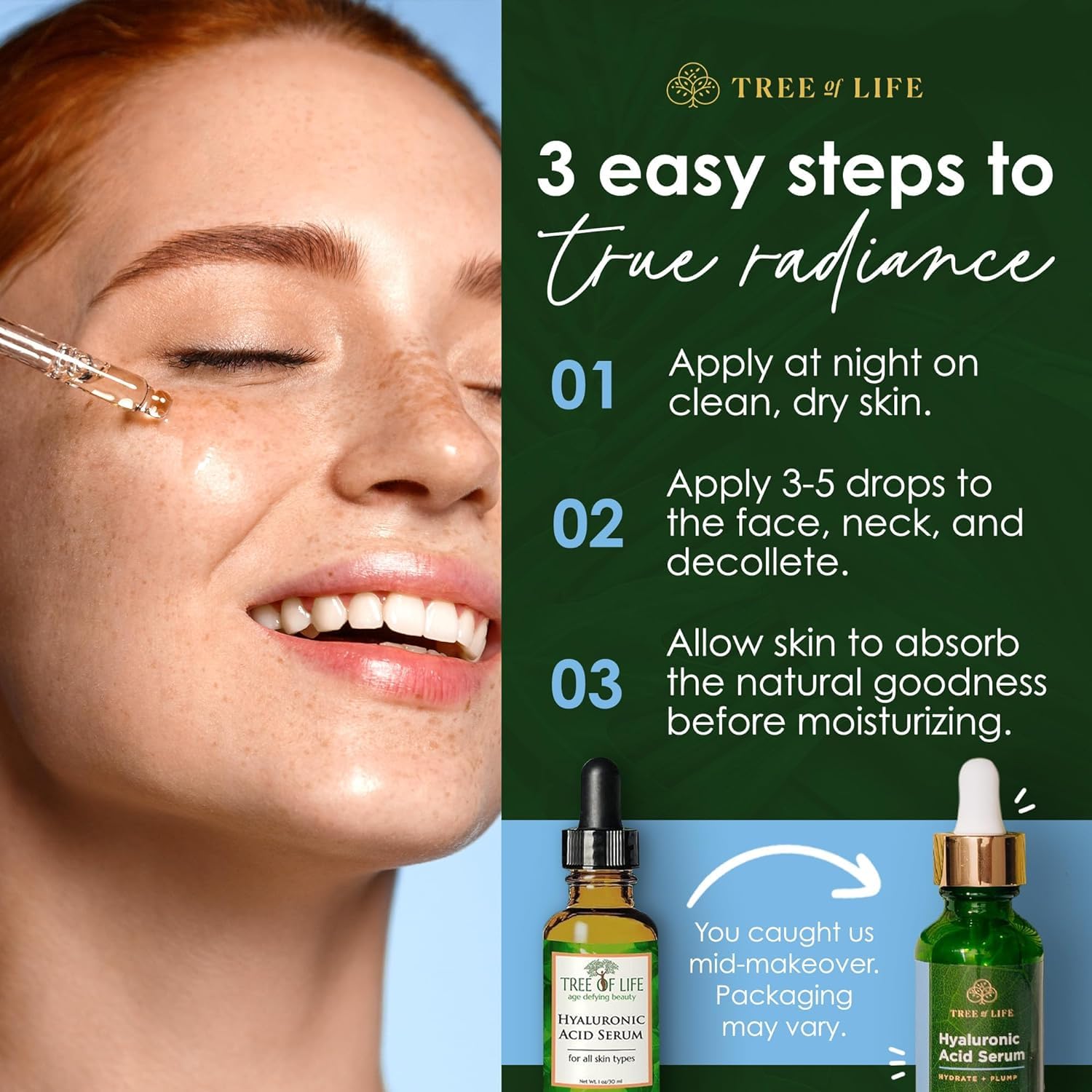 Routine quotidienne avec le sérum hyaluronique Tree of Life Beauty.