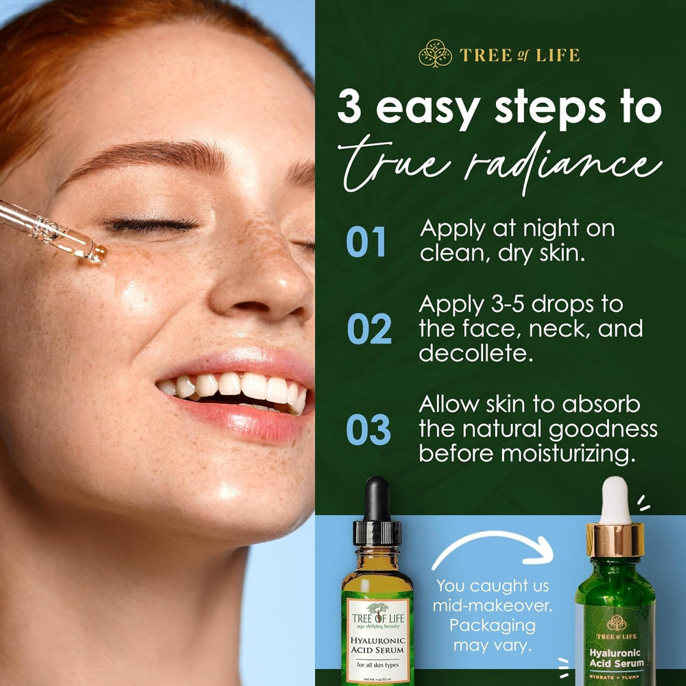 Routine quotidienne avec le sérum hyaluronique Tree of Life Beauty.