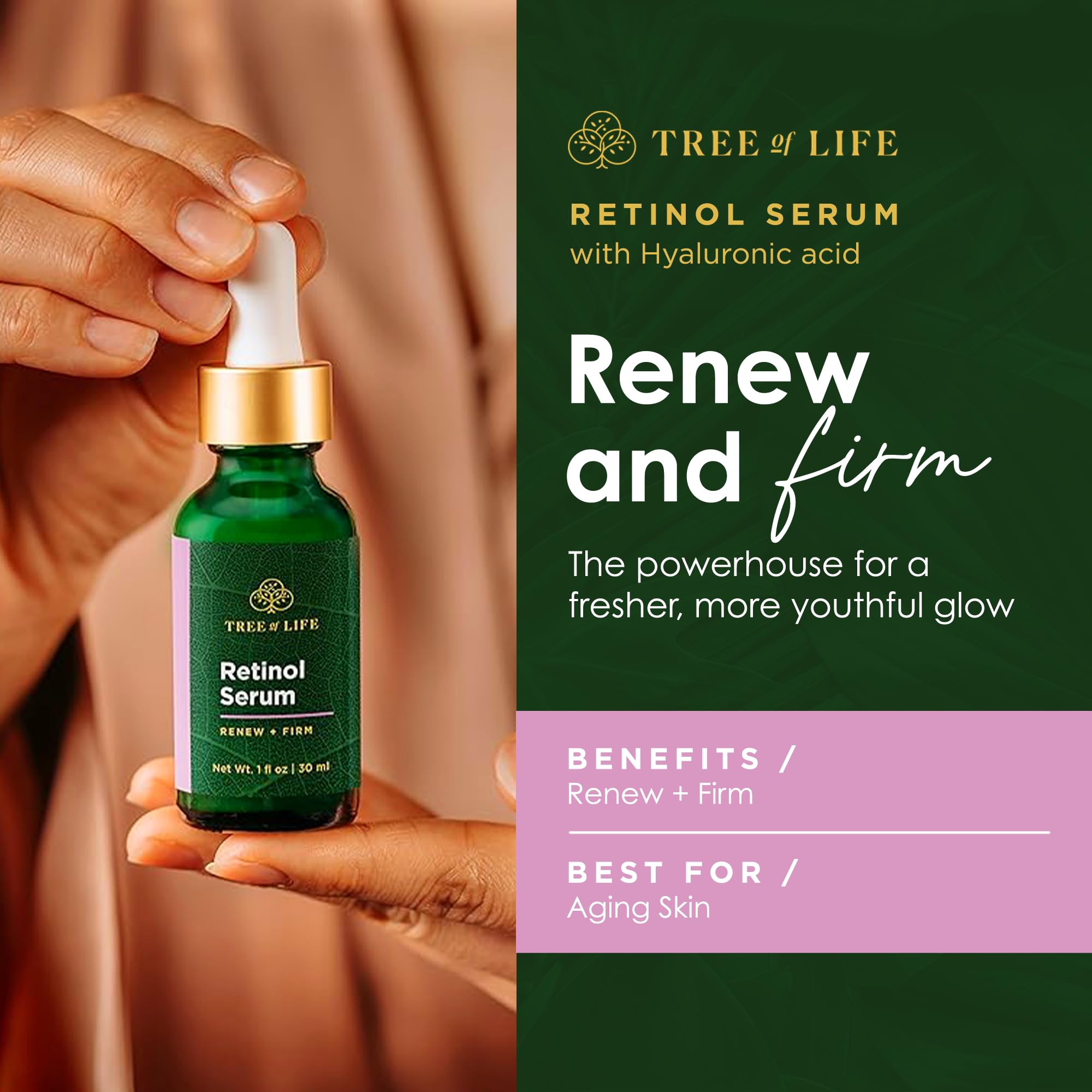 Aplicación matutina de sérum de ácido hialurónico de Tree of Life Beauty.