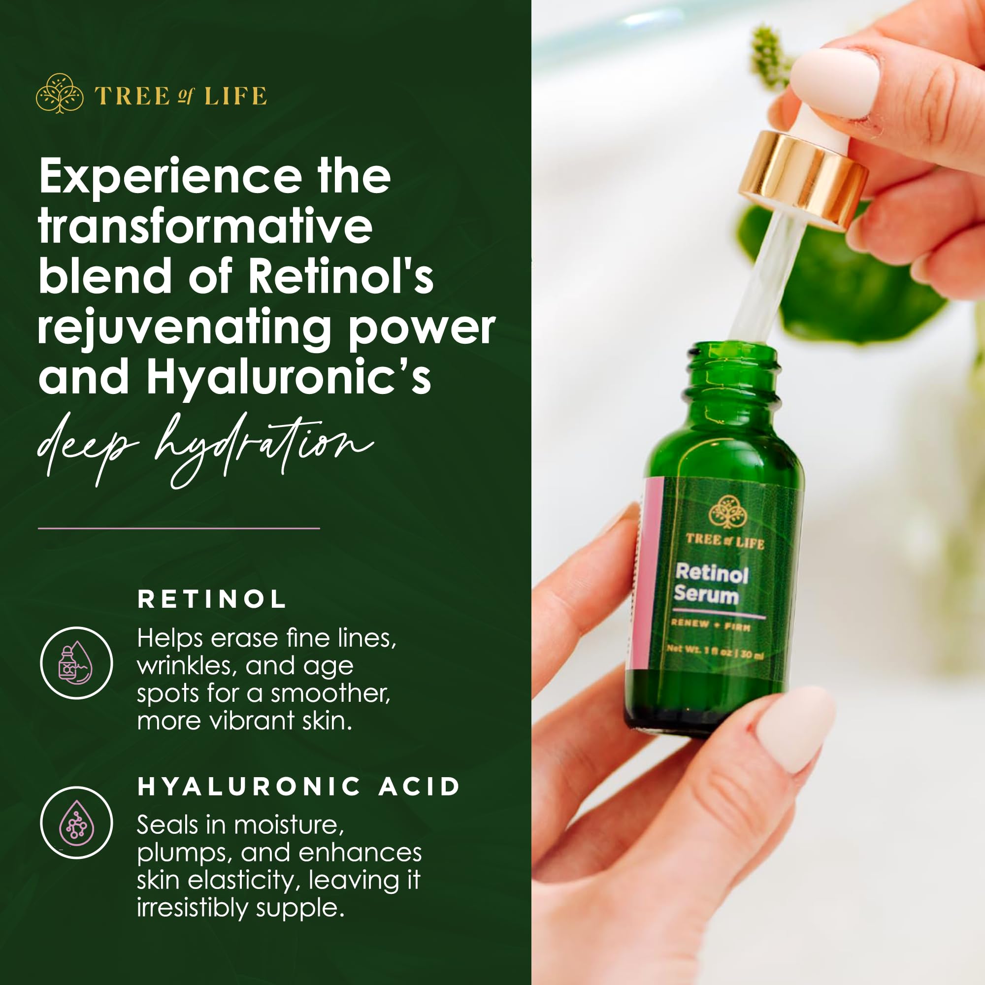 Aplicación nocturna de sérum retinol de Tree of Life Beauty.