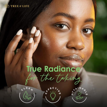After-application look shows balanced tone and radiant skin with Tree of Life serum.