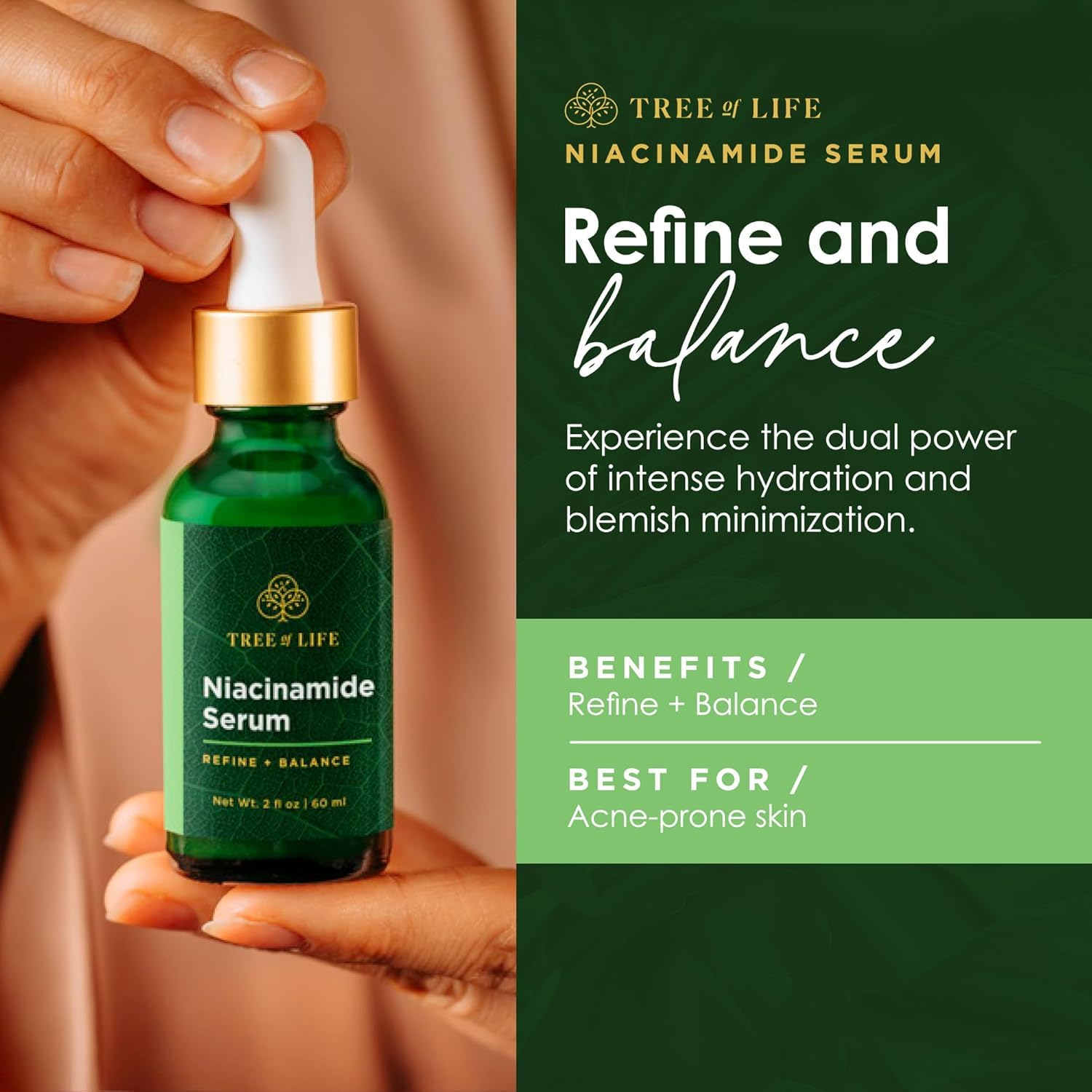 Tree of Life Niacinamide Serum ingredient panel highlighting hyaluronic acid for plump hydration.