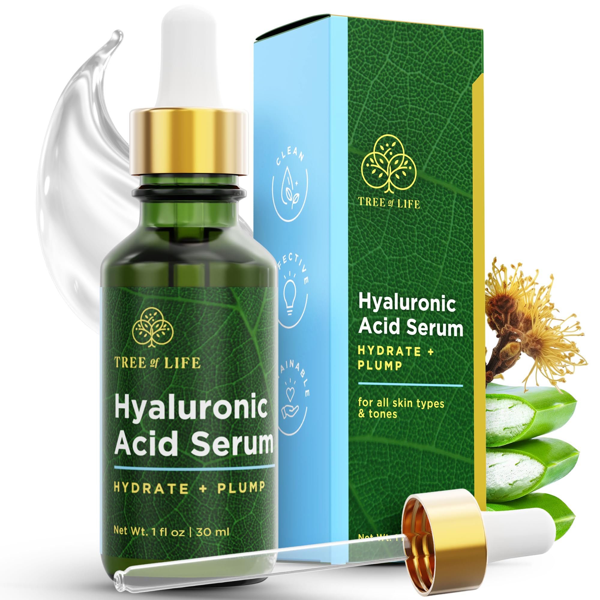 Sérum Tree of Life con ácido hialurónico, botella ámbar para hidratación profunda.