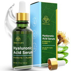 Sérum Tree of Life con ácido hialurónico, botella ámbar para hidratación profunda.