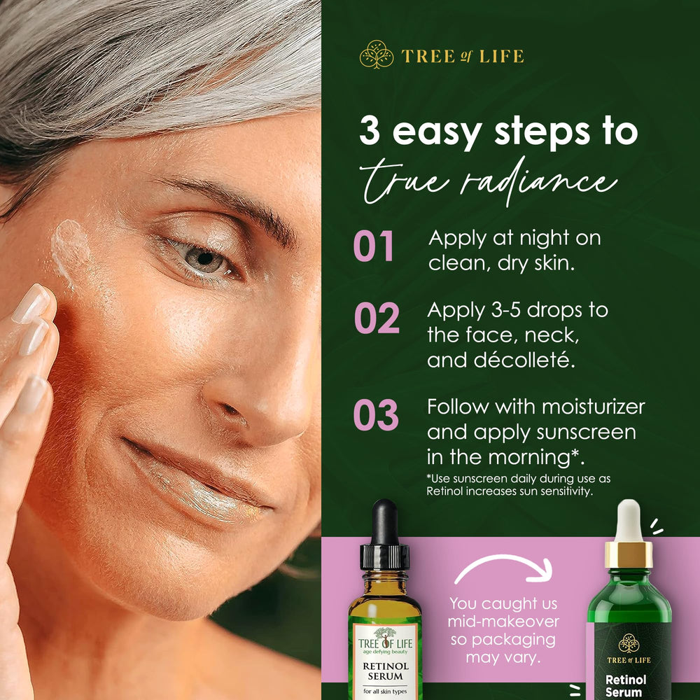 Tree of Life Beauty sérum retinol routine quotidienne – convient peaux sensibles et sèches.