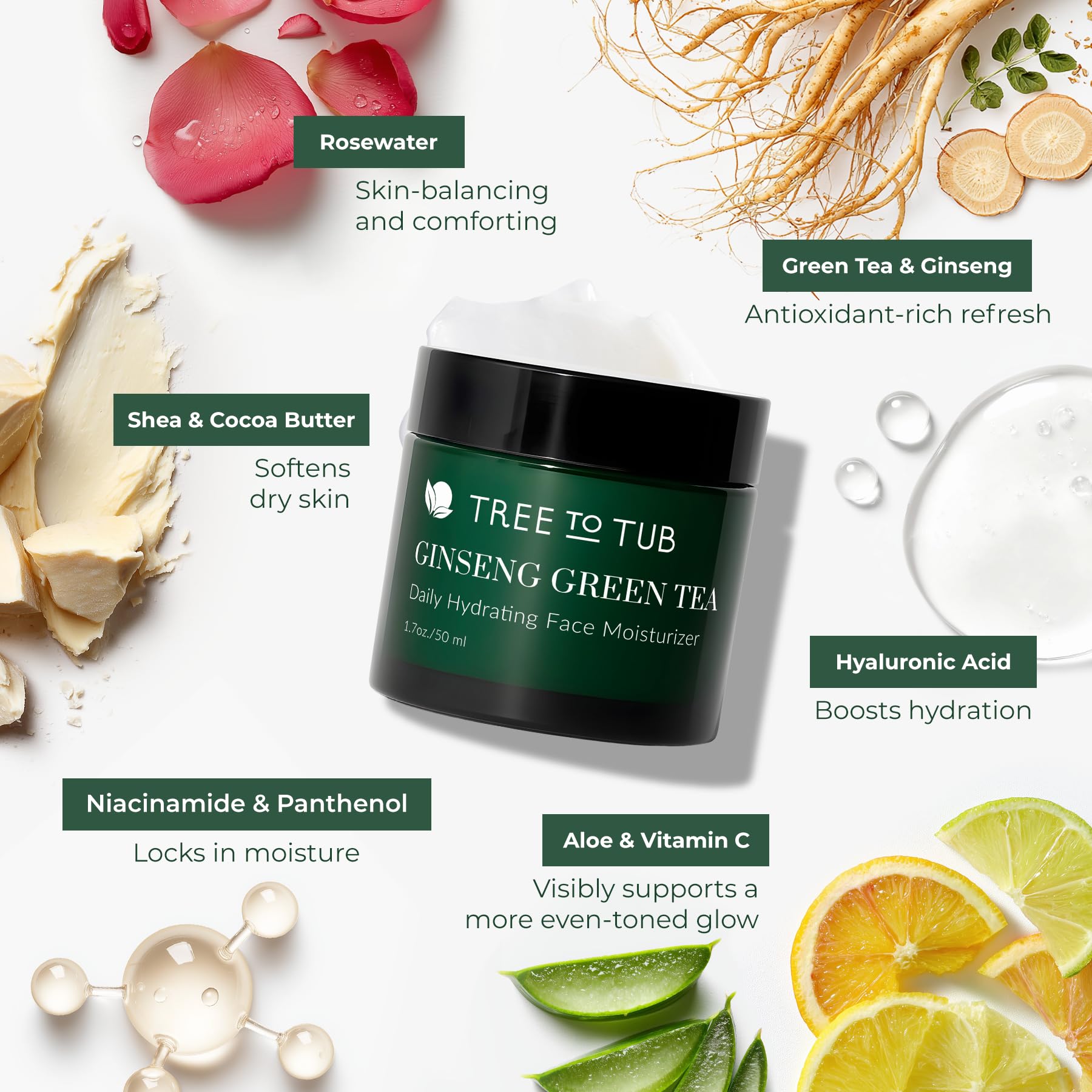 Tree to Tub Ginseng natural, aporta apoyo antioxidante para la piel.