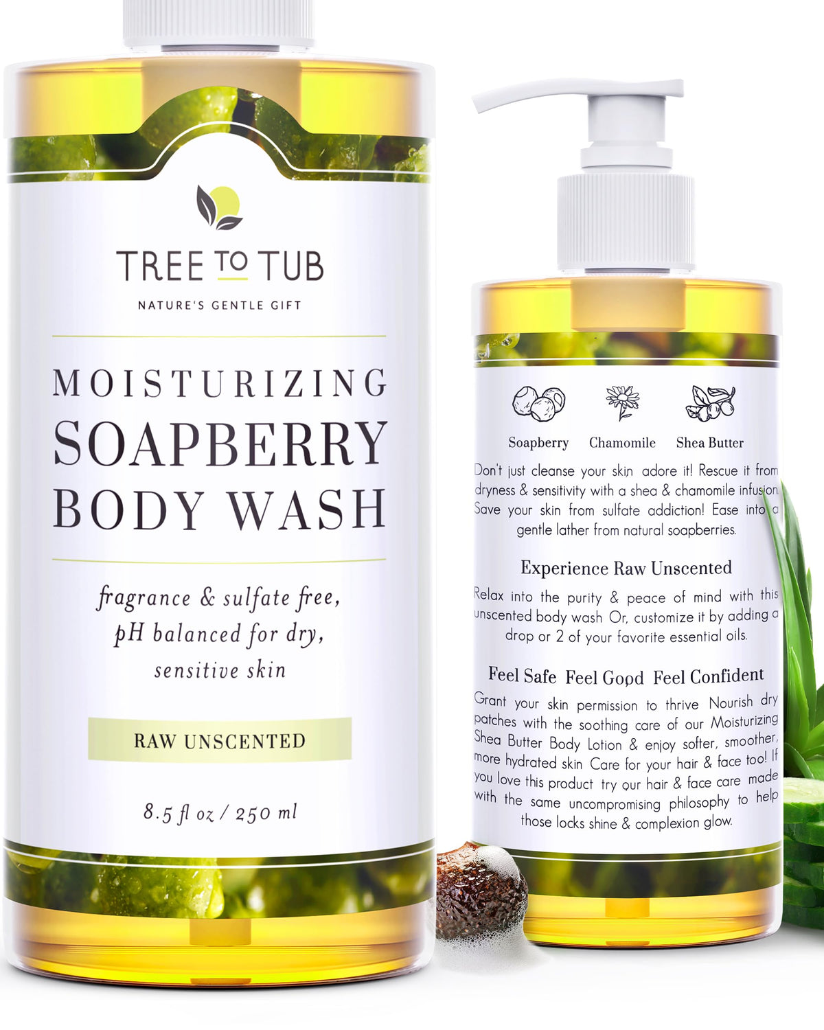 Tree to Tub jabon corporal sin fragancia en botella; pensado para piel sensible.