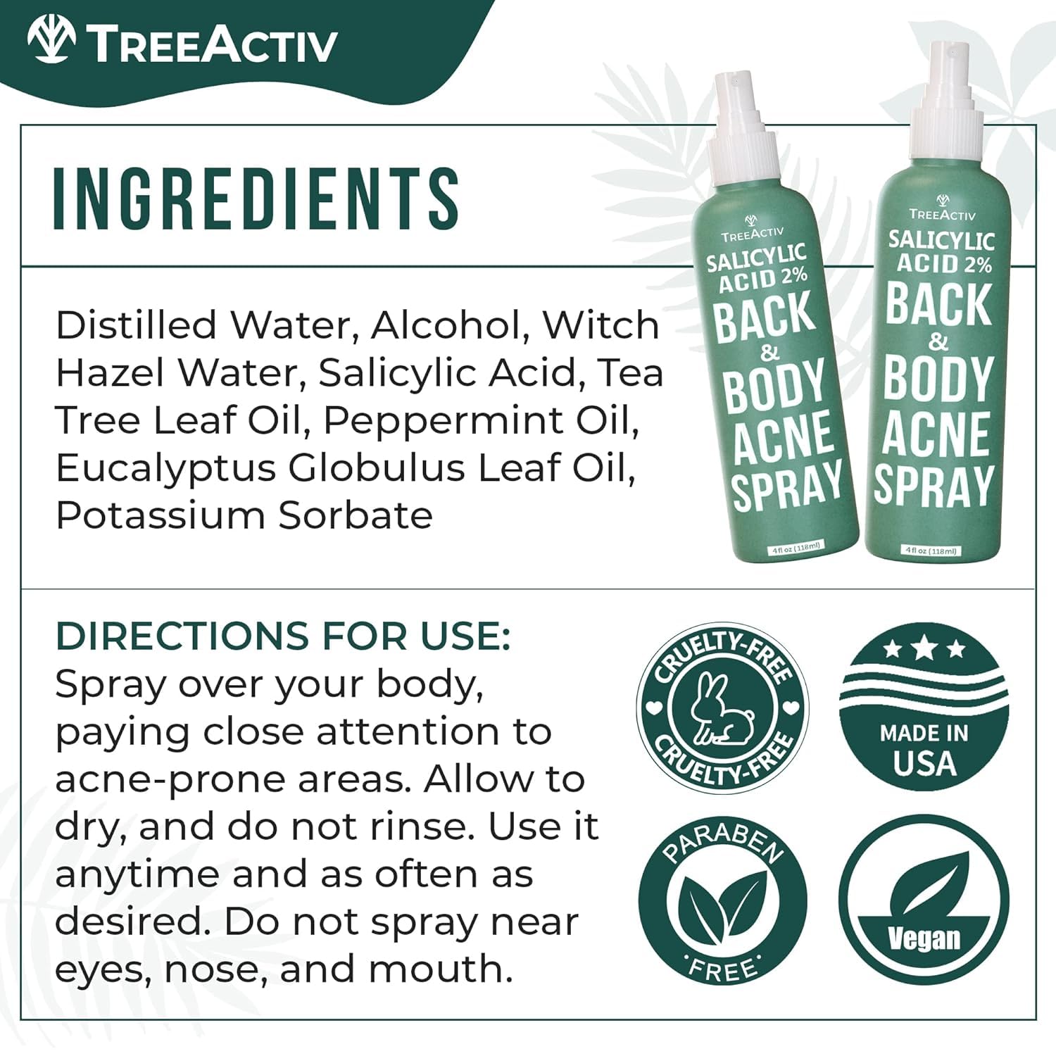 Bruma de secado rápido TreeActiv con aroma fresco para el cuerpo.