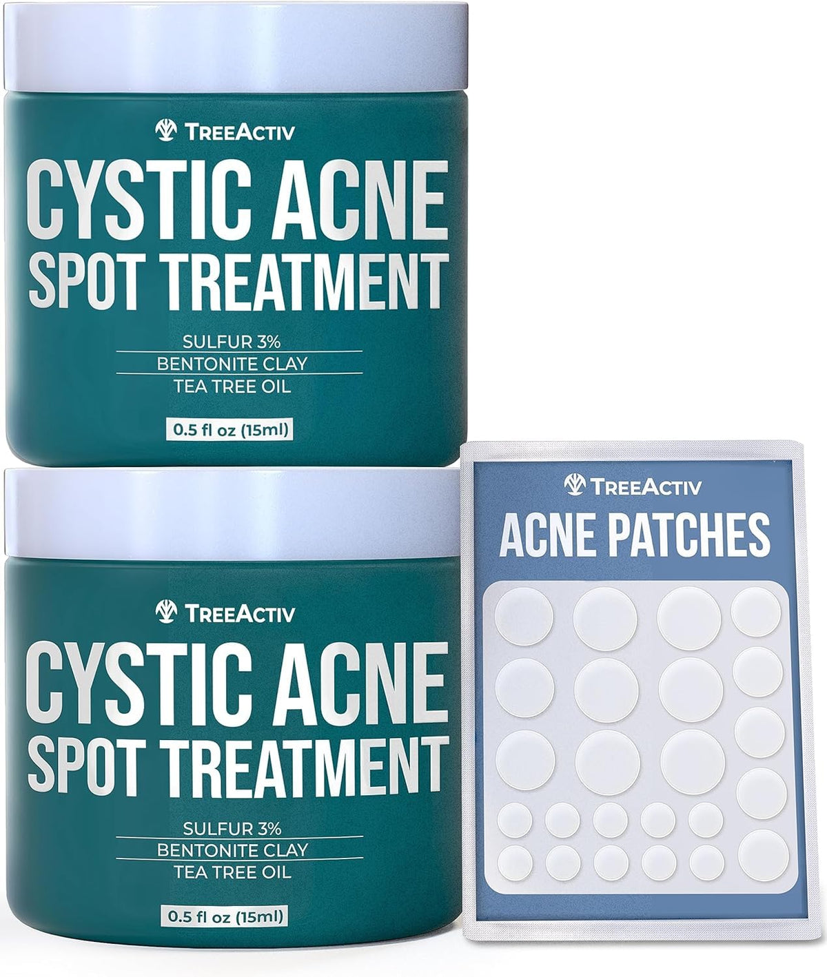 TreeActiv cystic acne spot treatment bottle close-up for targeted relief on blemishes