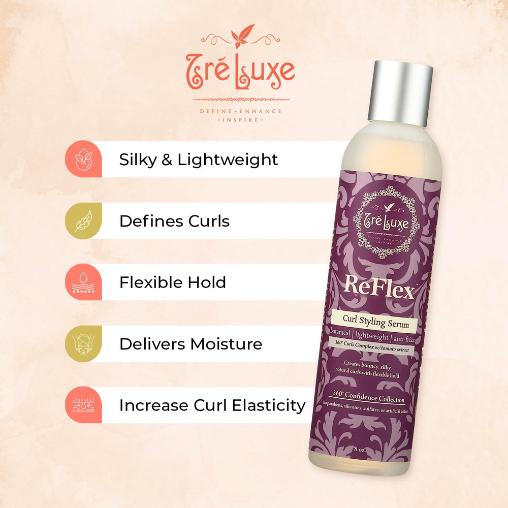 Rizos definidos y con brillo natural usando Treluxe Reflex Curl Serum.