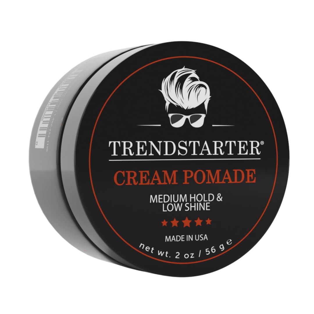 TRENDSTARTER Cream Pomade 2oz travel jar, flexible all-day hold for any look.