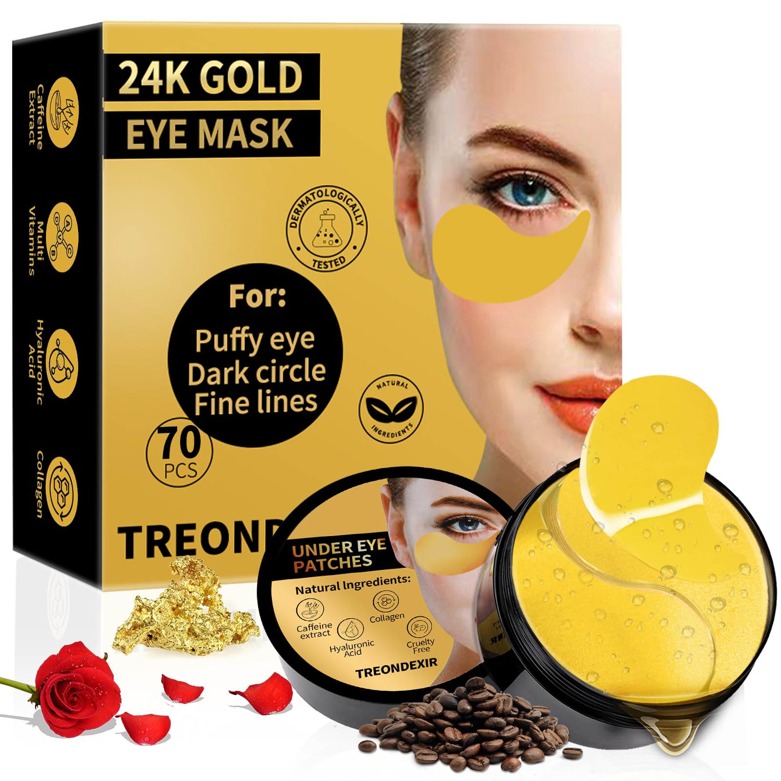 Treondexir 24K gold eye masks packaged for quick under-eye refresh.