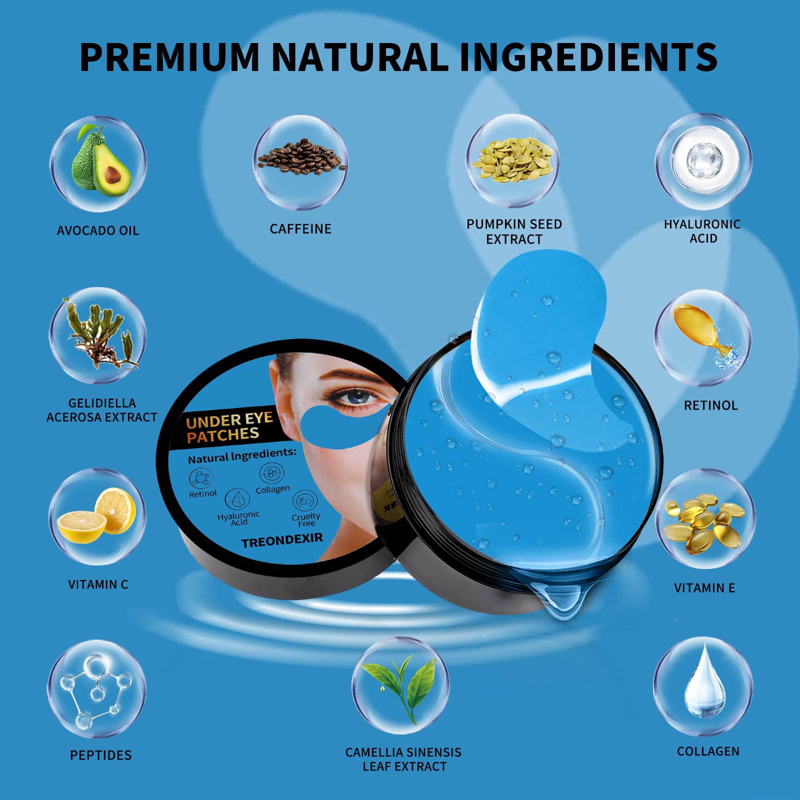 Treondexir gel pads for the eye area deliver cooling relief and nutrient absorption.